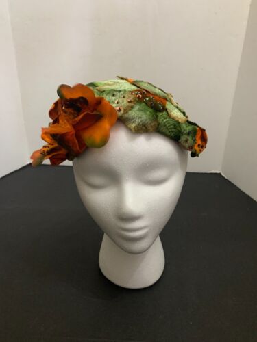 Vintage 1950's Kay Alyn Custom Made Orange Flowers and Leaves Sequin Hat - Picture 1 of 7