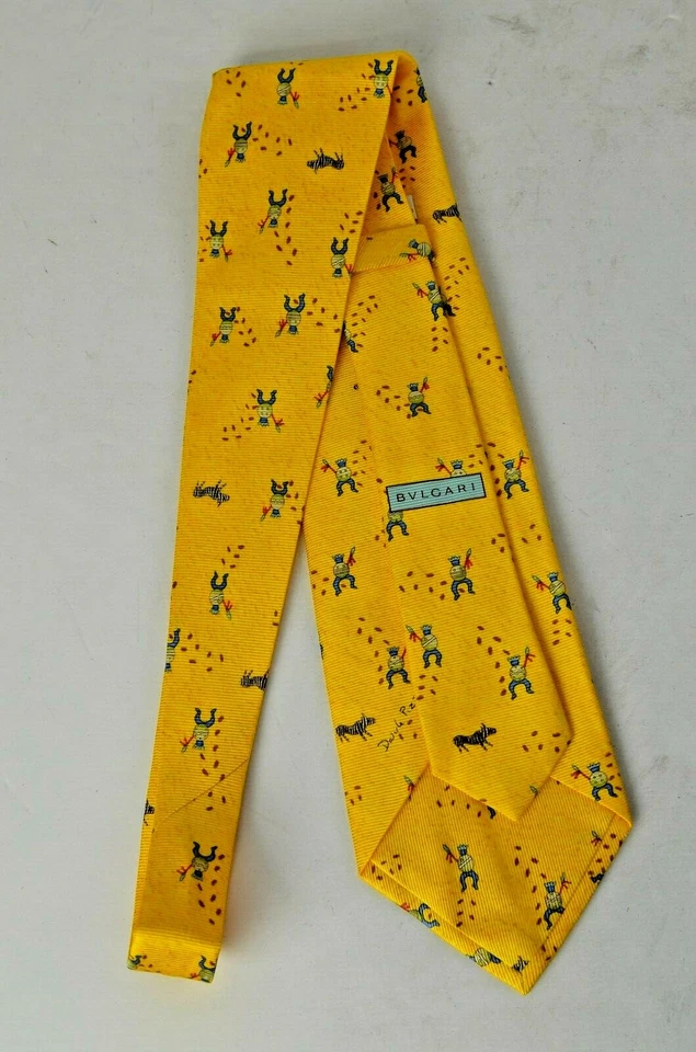 Bulgari Corbata Amarilla Cebras Guerreros Africanos Italia Seda 56.75" x 4" Cuello Pizzigoni Foto 4 de 4