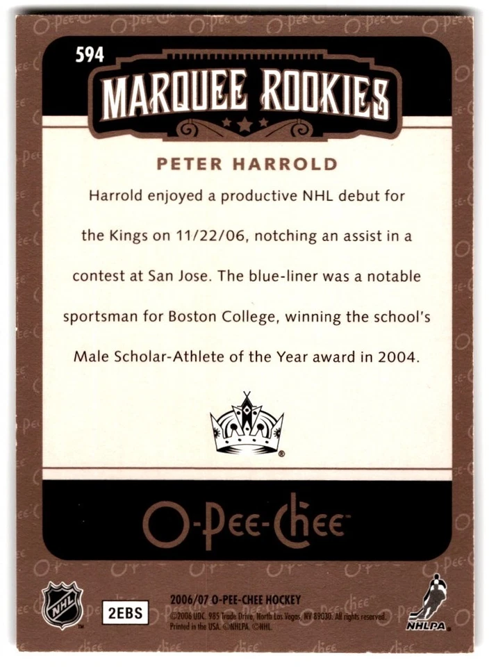 2006-07 O-Pee-Chee Peter Harrold Rookie #594 Los Angeles Kings - Image 2 of 2