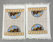 Vtg Set of 2 Kitchen Towels Ducks Barn Farm Early 1980s Fringe Gold Brown Sun