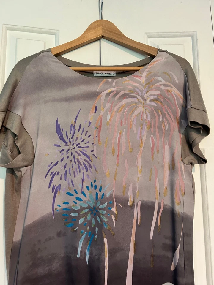 ¡Fuegos artificiales de seda TSUMORI CHISATO! Vestido para mujer gris-blanco-multi Japón talla 2 M Foto 3 de 4