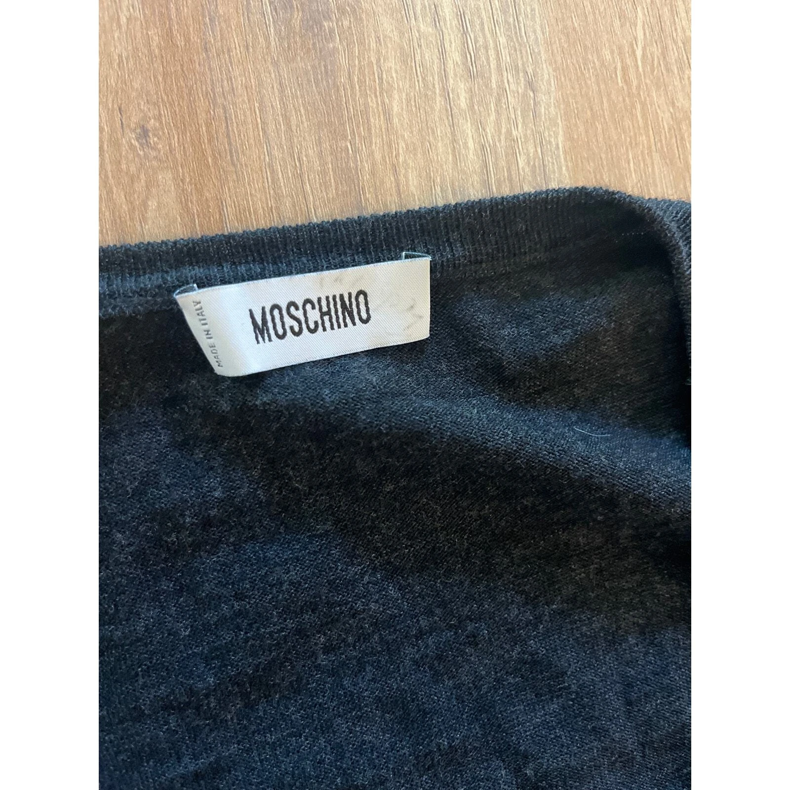 Abito maglione Moschino lana vergine finto avvolgente taglia 8 grigio maniche lunghe imperfetto