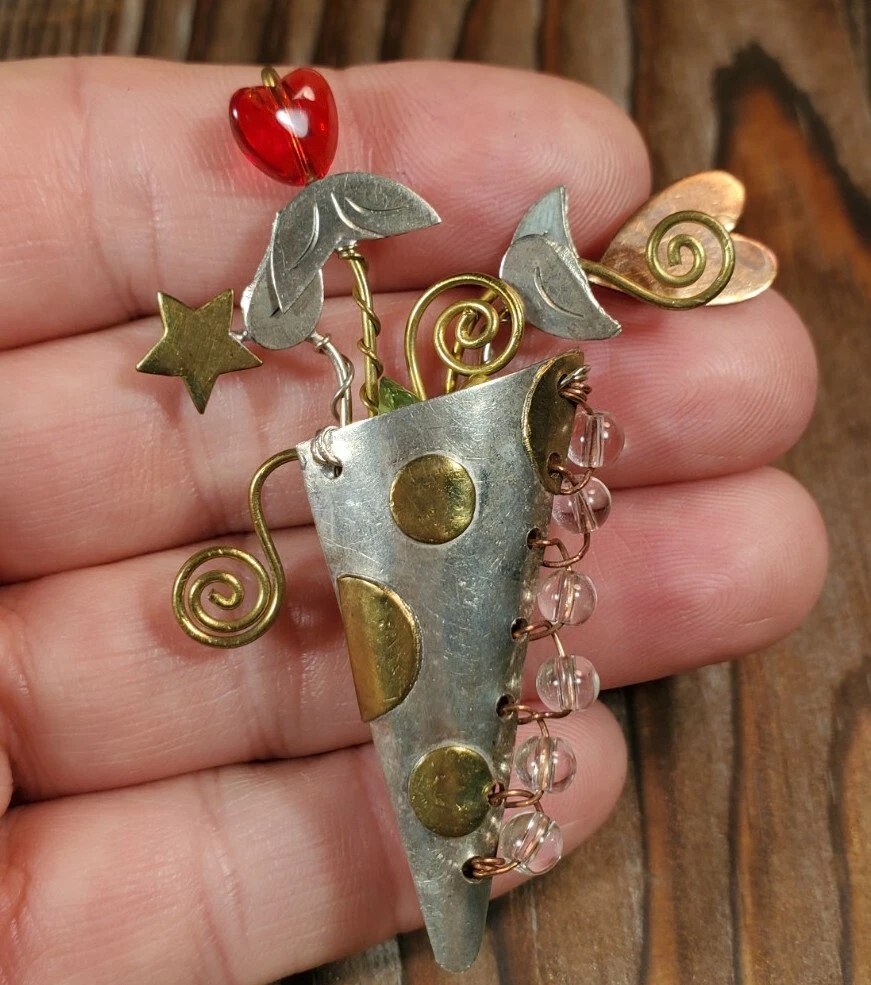 Unique Handmade Brooch Pin Flower Bouquet Red Heart Mixed Metal eBay