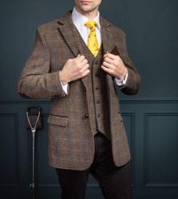 Men's Winter 100 Wool Plaid Suits Peak Lapel Jacket Vest 2 Pieces Retro Classic