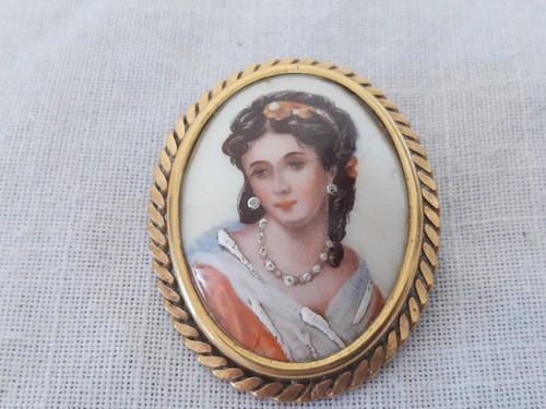 Vintage Limoges Anstecknadel Brosche bemalt Dame Porzellan Keramik Kamee Portrait Brosche