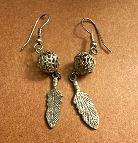Silver Tone Feather Dangle Drop Hook Earrings, Filigree Bead Charm, Nature