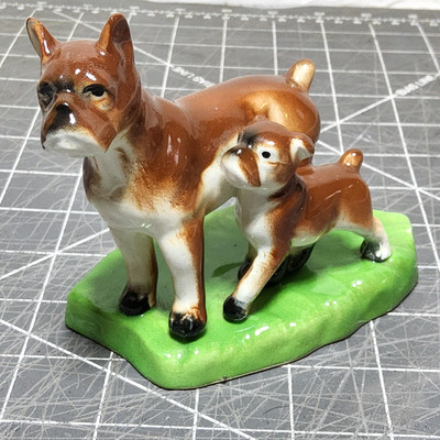 Vintage ceramic boxer dog & puppy figurine japan mid century 5.5x4.5x3 decor