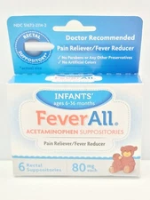 Infants Fever All Acetaminophen Suppositories 6 count Ages 6-36 Month EXP 8/2026