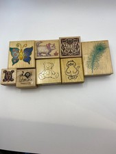Set Of 8 Wooden Rubber Stamps With Animal Nature Designs: Butterfly Cat Dog Li