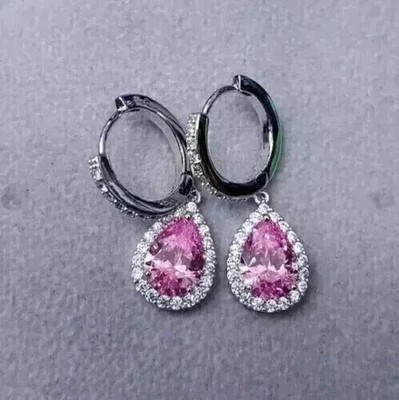 3Ct Pear Lab-Created Pink Sapphire Drop Dangle Earrings 14K White Gold Plated