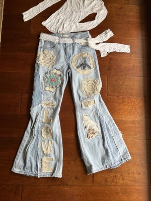 Artsy Upcycled Size 27 Levis Hippie Jeans Patchwork Pearl Woodstock 9 Pockets