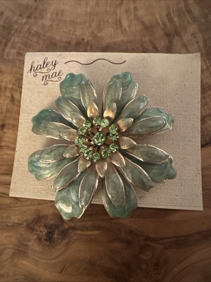Haley Mae Silver Tone Aqua Green Enameled Rhinestone Flower Brooch Pin New 
