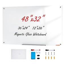 Magnetic Glass Whiteboard, Dry Erase Board 48"x32", Wall-Mounted Large White Gla