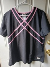 Black Pink Scrub Top Large Women's Short Sleeve Shirt Pockets