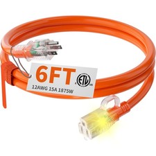 12/3 Gauge Heavy Duty Outdoor Extension Cord 6ft Waterproof Lighted End 15Amp