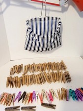 Lot Of 80 Vintage Wooden Clothespins And Clothes Pin Bag