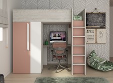 Letto a soppalco 205x183 cm con armadio e scrivania rosa antico, bianco opaco e