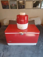 Vtg Red Metal Coleman Cooler With Matching Red Metal Water Jug. 