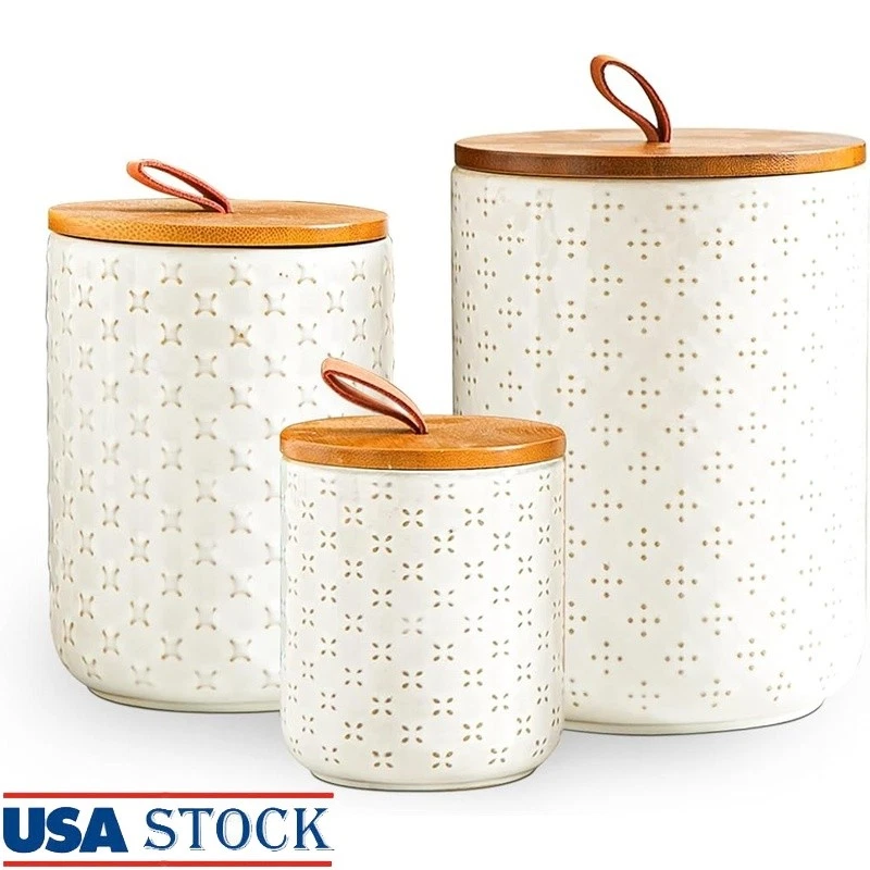 Ceramic Canister Set 3 Piece Kitchen Storage Airtight Jars W/ Bamboo Lids New