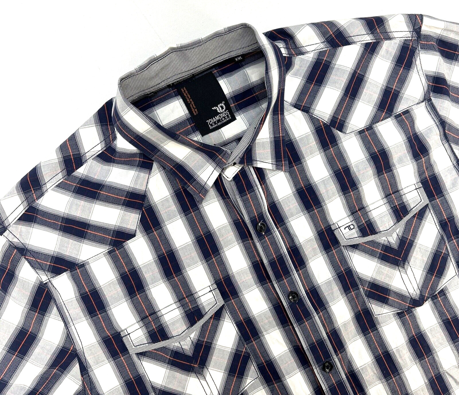 7 Diamonds Button Up Chest Pockets Short Sleeve Shirt Men XXL Navy Plaid