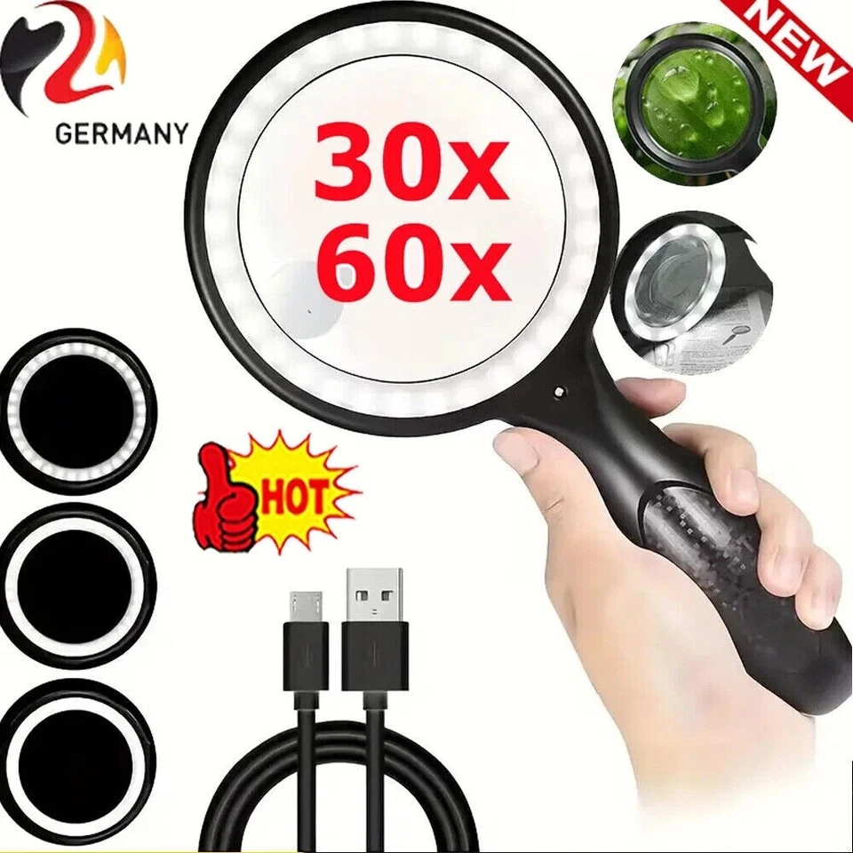 MARKENLOS Lupe mit Licht 30X 60X Beleuchtete Lupe LED Handlupe Leselupe Juwelier Lupe DHL