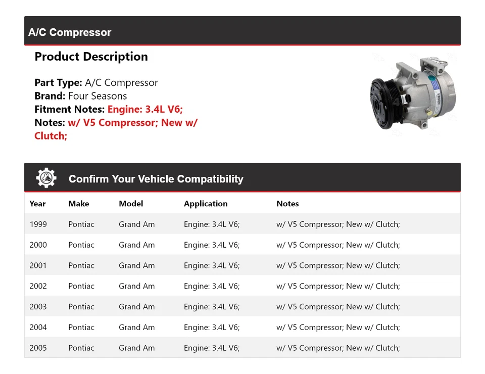 Compresor de aire acondicionado para Pontiac Grand Am 1999-2005 3,4 L V6 4 estaciones 2000 2001 2002 Foto 2 de 4