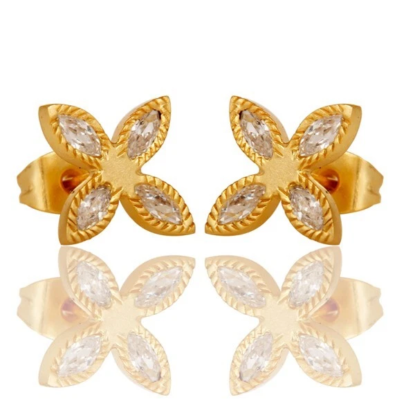 Four Leaf Style Stud Earrings in Gold Plated With CZ Zircon Gift For Daughter's - Image 2 of 4