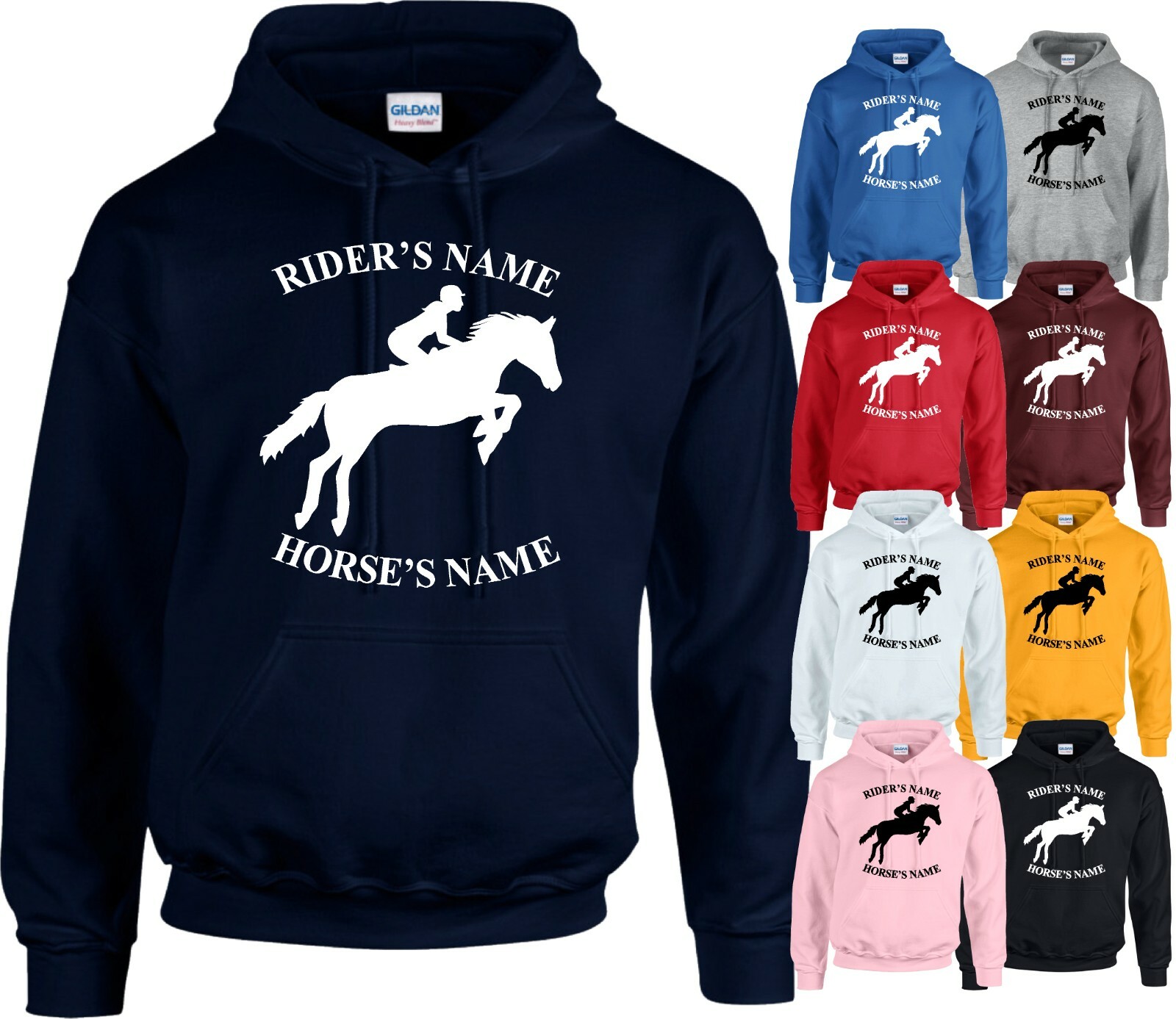 Felpa con cappuccio personalizzata cavallo pony pannocchia saltatore fantino dressage pullover equino