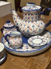 Child Sized Ceramic Tea Set Blue And Pink Hand Painted In Thailand Missing 1 Cup