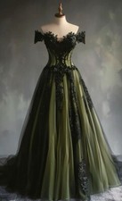 Gothic wedding dress off-shoulder black lace applique vintage bride gown HOT