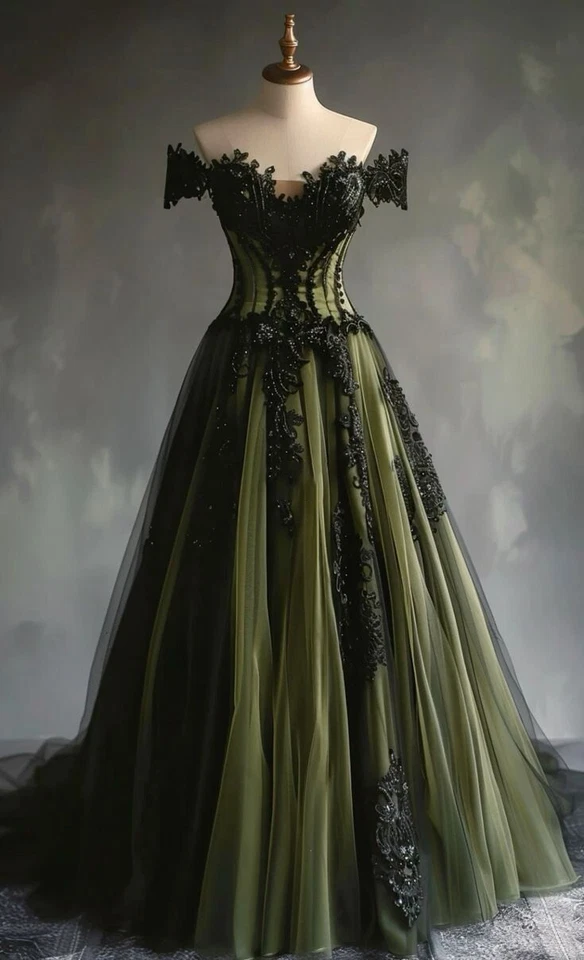 Vestidos de novia góticos con hombros descubiertos apliques de encaje negros vestidos de novia retro Foto 3 de 4