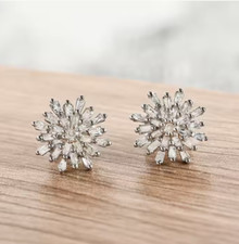 Diamond 925 Sterling Silver "Star Burst" Stud Earrings. 1.00 Carat.