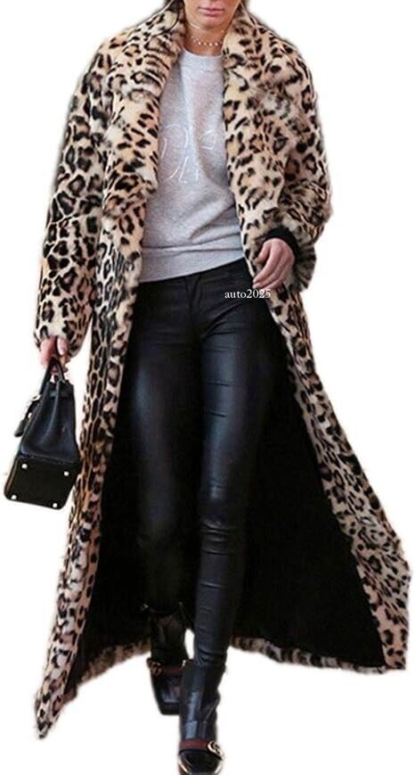 Women's Sexy Elegant Vintage Leopard Print Lapel Faux Fur Long