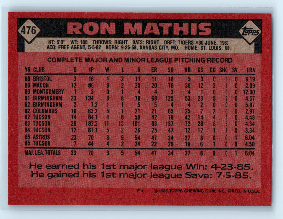 Ron Mathis Baseball 1986 Topps #476 Ron Mathis Rookie Houston Astros MLB Vintage Baseball ...