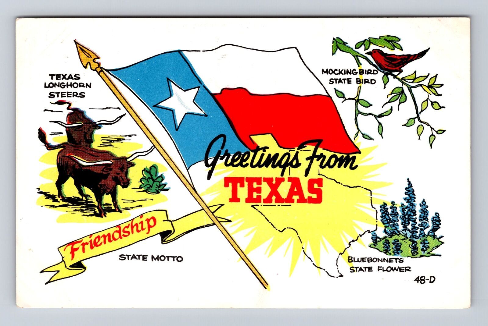 TX-Texas, General Landmark Greetings, Flag, Bird, Flower, Vintage Postcard