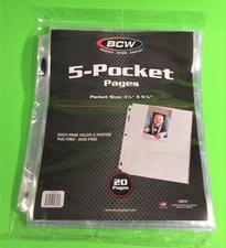 (20) 5-POCKET 3X5 PHOTO, POSTCARD OR COUPON PAGES, ARCHIVAL SAFE-CRYSTAL CLEAR