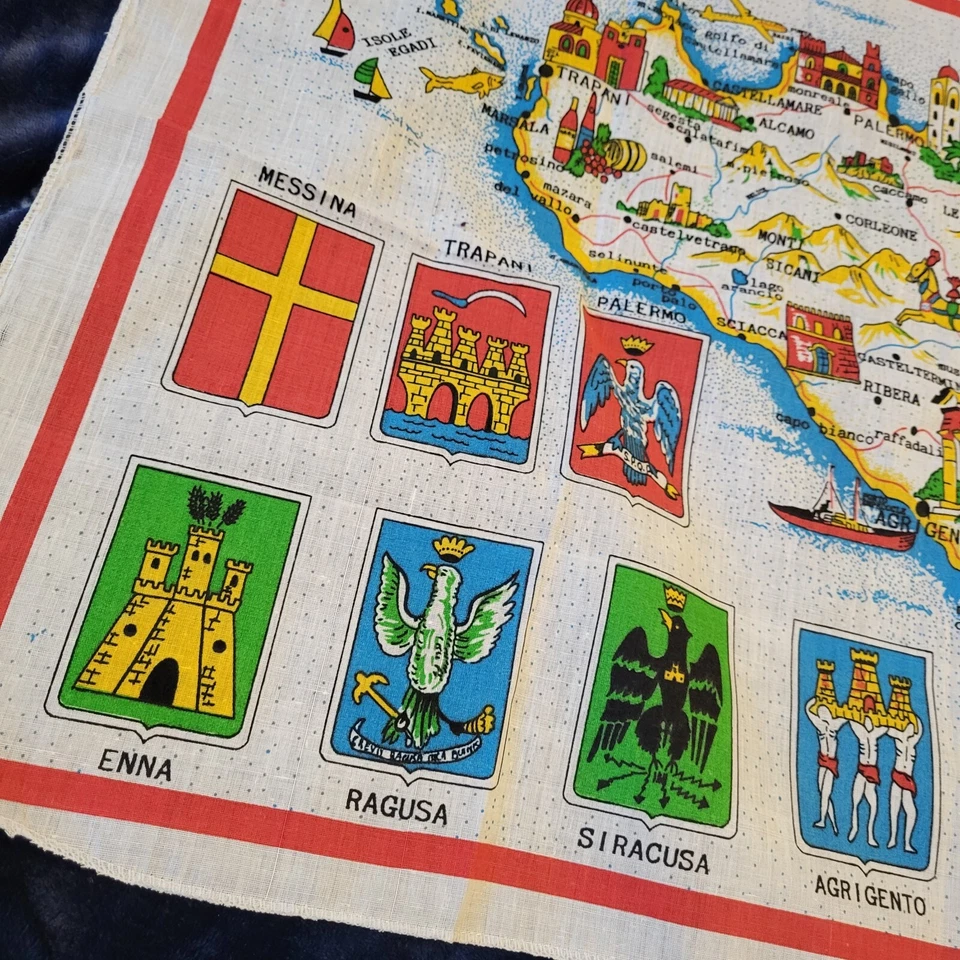 Tapiz topográfico de algodón vintage años 80 SICILIA 30" X 19" Foto 3 de 4