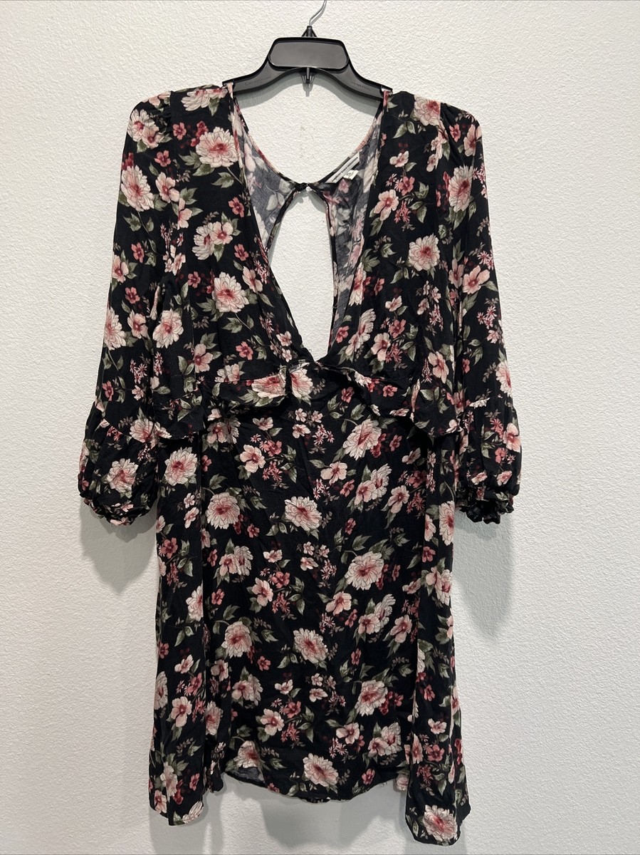 american eagle black floral dress American Eagle Black Floral Embroidered Tassel Cold Shoulder Ruffle Romper  Sz XS