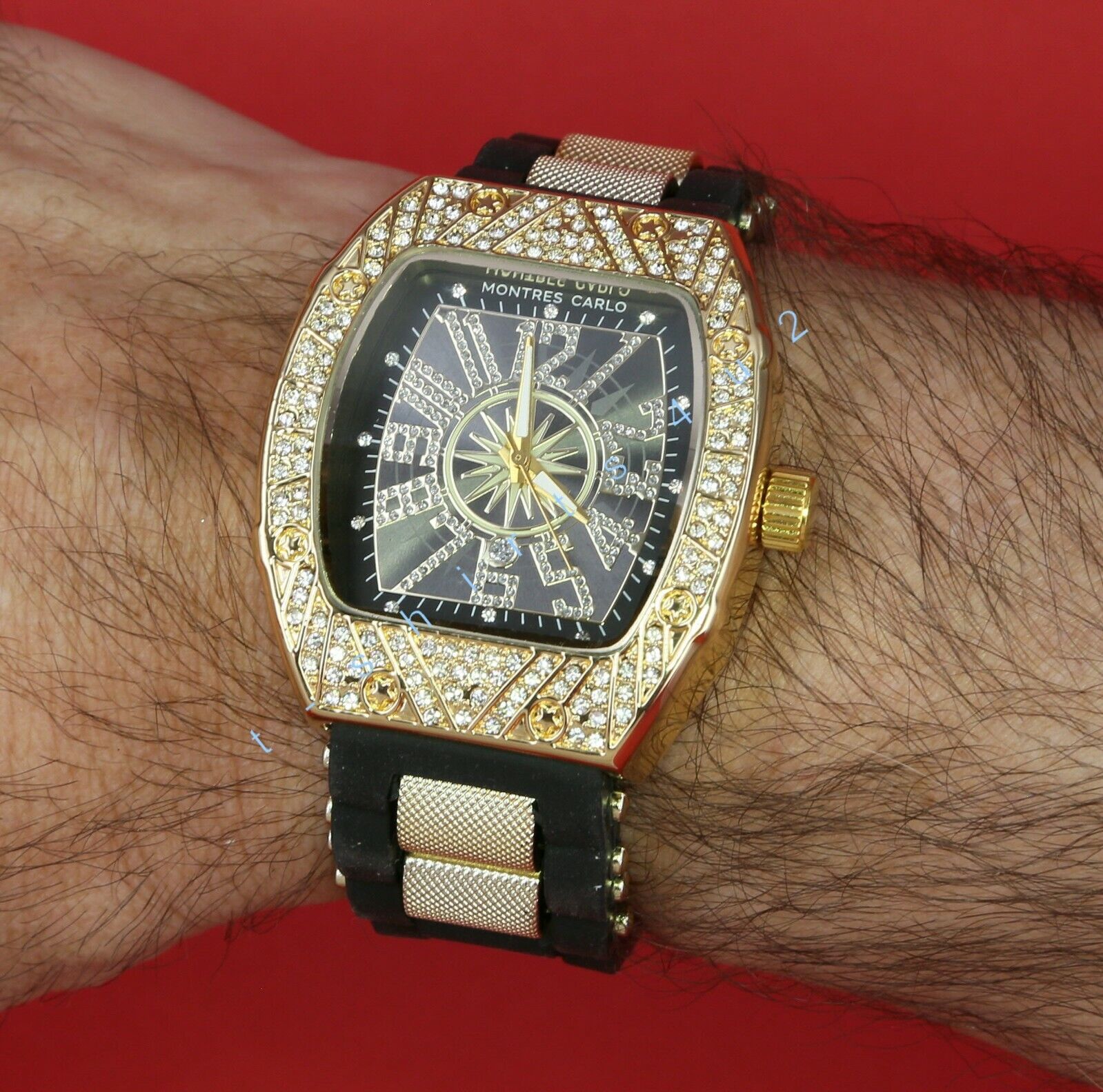 Men's Iced Lab Diamond Luxury Bezel Silicone Band GP Montres Carlos Watch