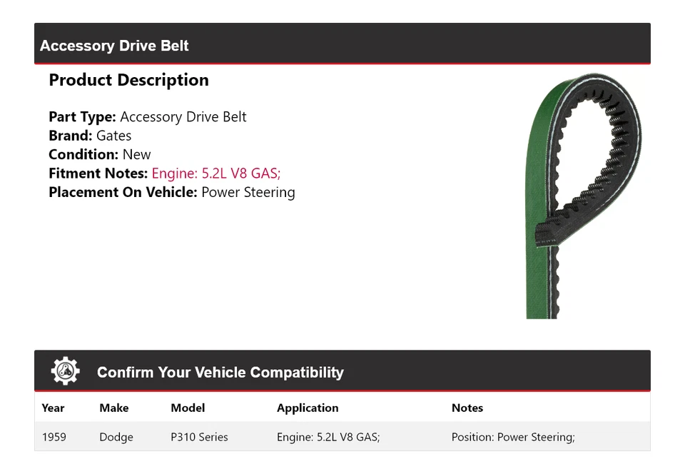 For 1959 Dodge P310 Series 5.2L V8 GAS Accessory Drive Belt Power Steering Gates - Image 2 of 4