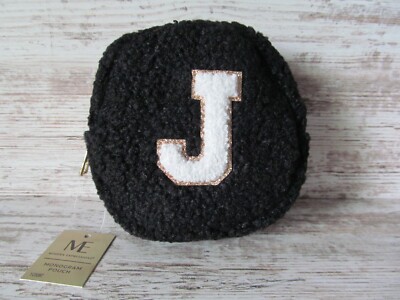NEW ME Modern Expressions Monogram Pouch Initial ''J'' Round Black Fuzzy Zipper 5''