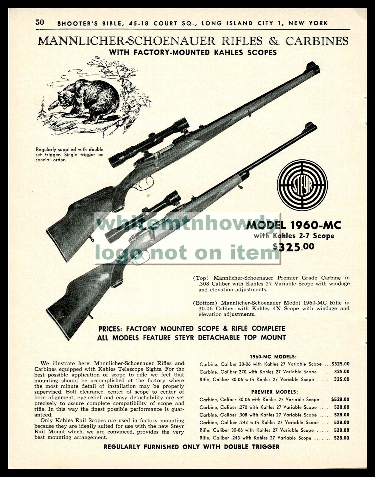 1962 MANNLICHER-SCHOENAUER Model 1960-MC Rifle and Carbine PRINT AD