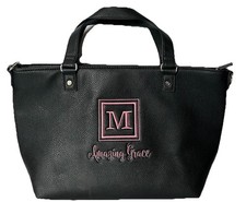 Thirty One Black Pebbled Tote With Crossbody Strap Embroidered M  Amazing Grace