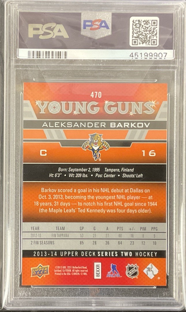 2013-14 Upper Deck Aleksander Barkov #470 Young Guns PSA 9 Panthers view 2