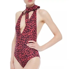 Zimmermann Sculpt Tie Halter Neck One Piece Swimsuit Red Leopard NWT Size 2-4 XS