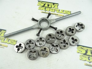 LOT OF 12 ASSORTED HSS ROUND DIES 1" OD #6-32NC TO 1/2"-13NC + WRENCH