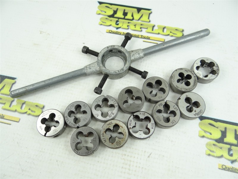 LOT OF 12 ASSORTED HSS ROUND DIES 1" OD #6-32NC TO 1/2"-13NC + WRENCH