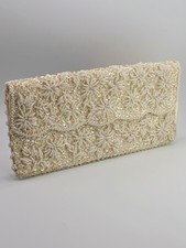 Vintage Star Brand Hong Kong Beaded Evening Clutch Ivory Satin Purse