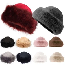 Women Winter Fake Fur Hat Mongolian Cap Warm Beanie W/Soft Fluffy Fur Brim Hat