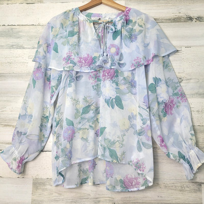 Cupio Women's Blouse Sheer High Low Hem Ruffle Long Sleeve Floral Overlay Ties M